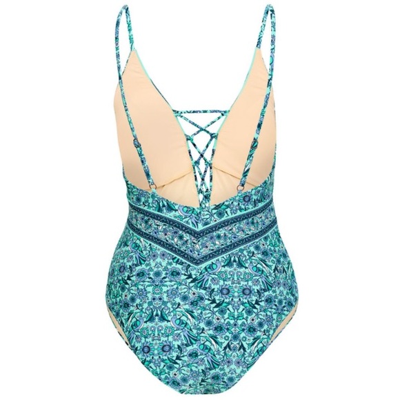 Lace Up One Piece Boho SWIMSUIT Green Blue Ocean - Picture 5 of 5